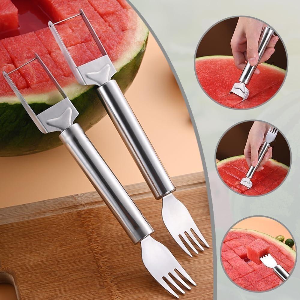 2-in-1 Stainless Steel Watermelon Cutter, Watermelon Slicer, Fruit Watermelon Cutting Tool, Double Head Stainless Steel Watermelon Cutter & Fruit Fork