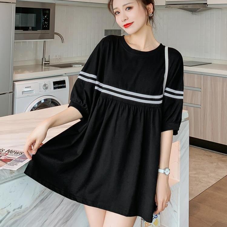Sommer Løs Midi Kjole for Kvinner i Store Størrelser Kort Erm T-skjorte Kjoler