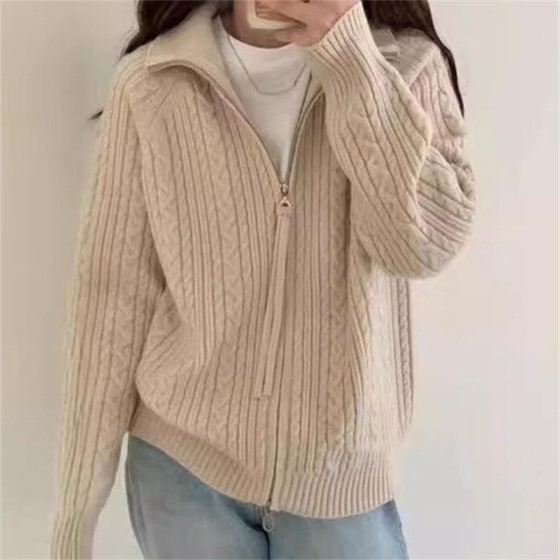 Korean Style Raglan Sleeve Double Zipper Knit Cardigan - Women's Loose Autumn Sweater