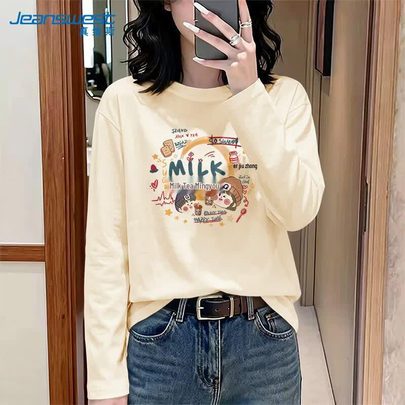 Jeanswest Women's "Romance of Milk Tea" Print Long Sleeve Pure Cotton T-Shirt