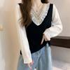 Spring Autumn Contrast Color Patchwork Fashion V-Neck Blouse Women High Street Elegant Long Sleeve Edible Tree Fungus Pullovers