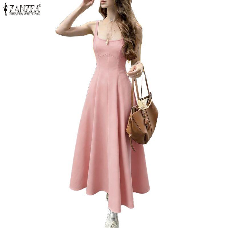 ZANZEA Women Summer Square Collar Casual Sleeveless Long Dress