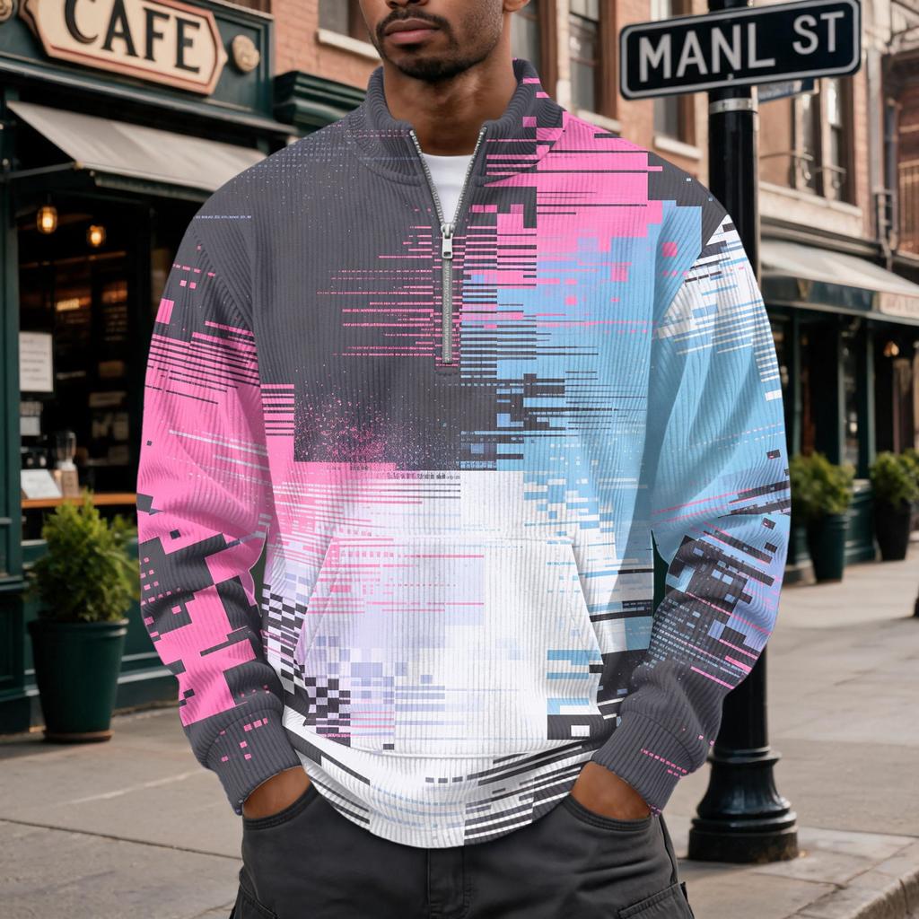 Men's Retro Corduroy Long Sleeve Shirt with Stand Collar and Pocket, Printed Casual Top