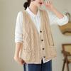 Johnature Women Vintage Sweaters Vests V-Neck Sleeveless Patchwork Pockets Coats Knitted Cotton Clothes Fall Sweaters