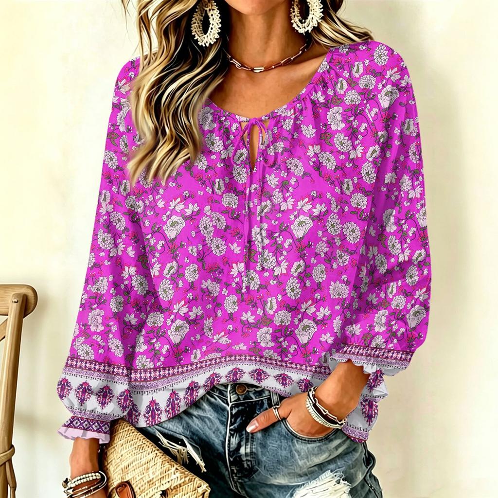 Damen Freizeit Vintage Blumendruck Langarm Rundhals Krawatte Rüsche Pullover Top