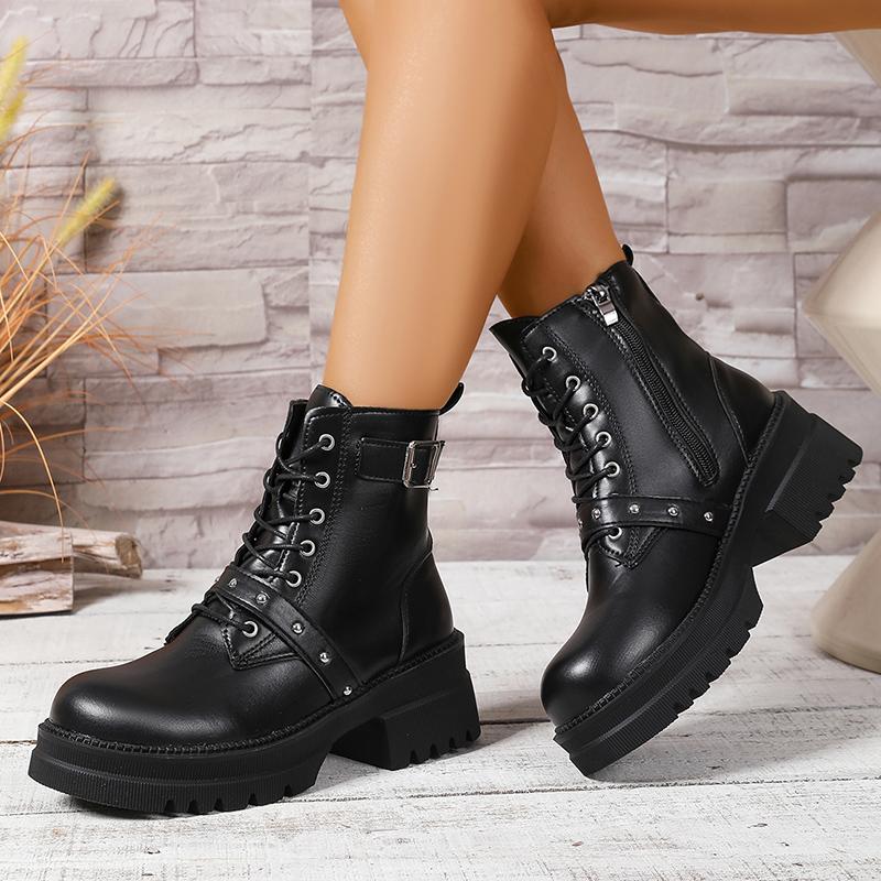 Plus Size 42 Autumn Winter Combat Boots for Women Fashion Chunky Heel Platform Ankle Boots Woman Black PU Leather Punk Booties