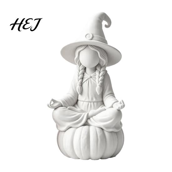 Unfinished Craft Ornaments 3D Printed Meditating Witch Figurine on Pumpkin Base, Minimalist Indoor Autumn Window Displays Halloween Desktop