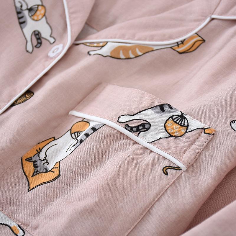 Unisex Japanischer Baumwollgaze Pyjama Set: Süße, dünne, langärmlige Homewear für alle Jahreszeiten.