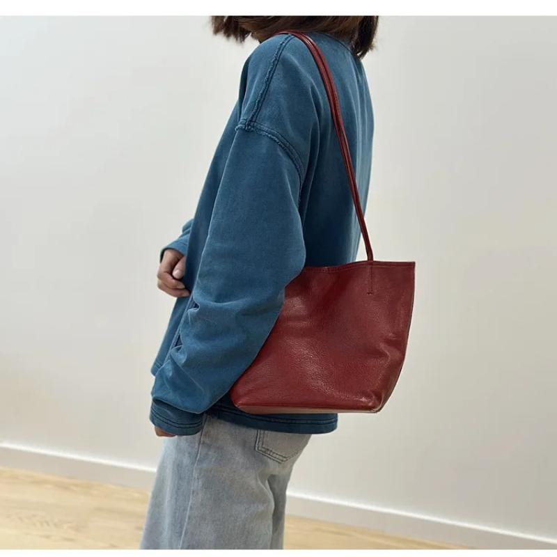 Johnature Retro Genuine Leather Tote Bag Versatile Commuting Solid Color Soft Leather Women's Shoulder Bag