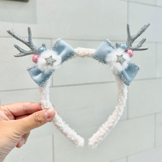 Christmas Headband for Women Fleece Reindeer Antlers Headband with Bow Pompoms for Xmas Party Supplies Halloween Cosplay Accessory