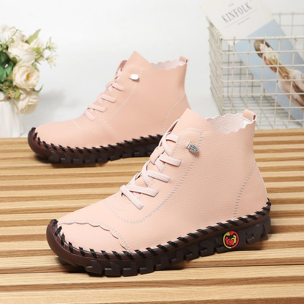 Women Shoes Autumn Red Leather Loafers for Women Lace Up Sneakers Casual Platform Women's Ankle Boots Winter High Top Sneakers