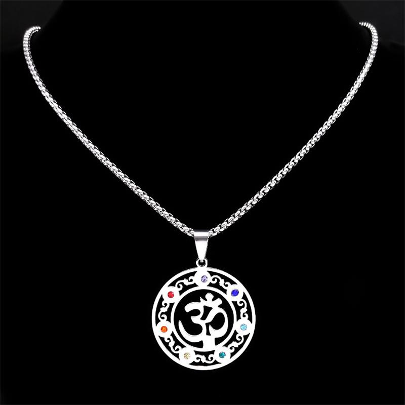 Yoga Meditation OM Symbol Necklace for Women Men Stainless Steel 7 Chakra Reiki Healing Buddhist Chain Jewelry Collier N9721S01