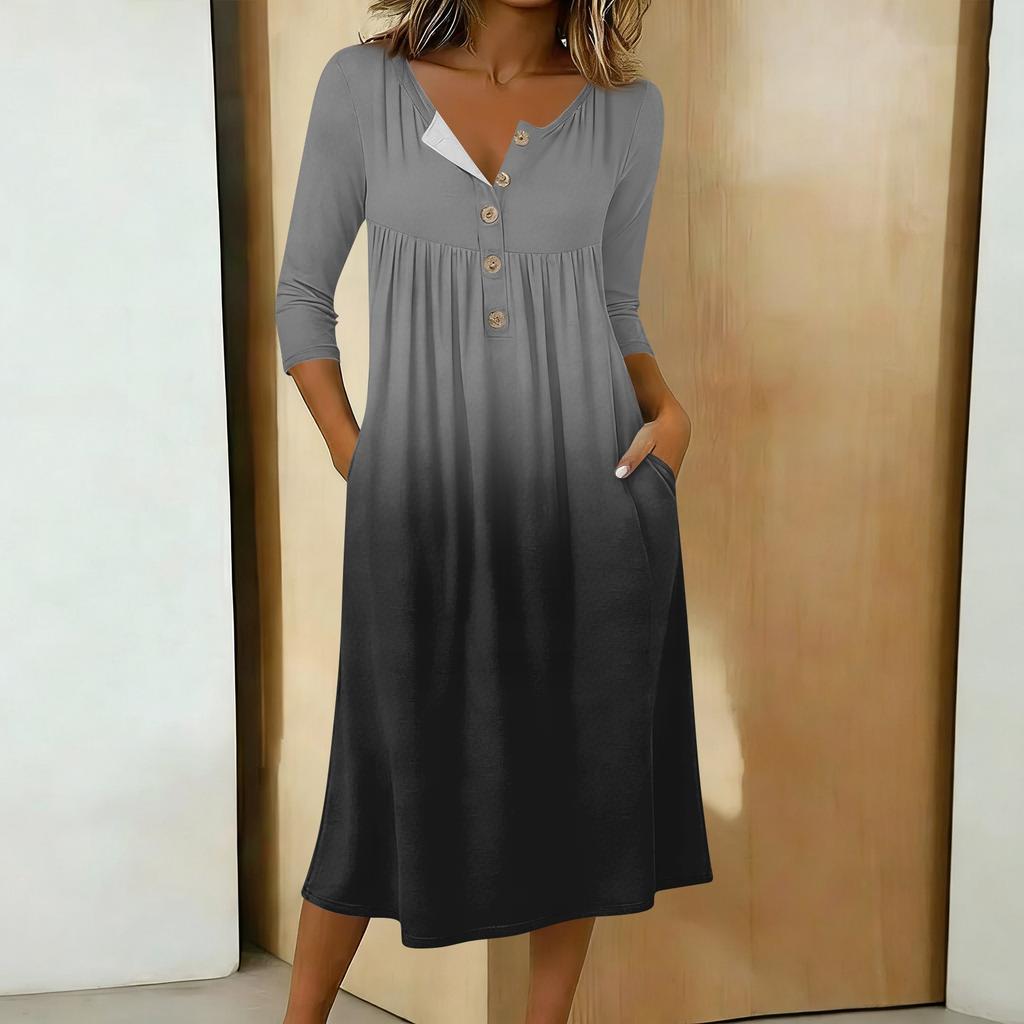 Women's Fashionable Color Printed Round Neck 3/4 Sleeve Button Collar Mid Length Casual Dress