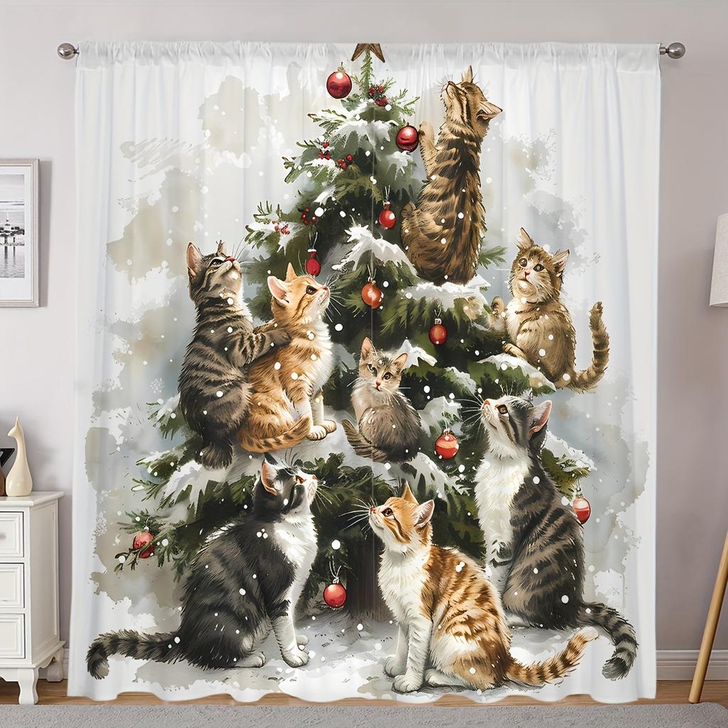 2 Pcs Festive Cat Christmas Tree Curta – Polyester Rod Pocket for Living Room Bedroom Dining Room Holiday Home Decor