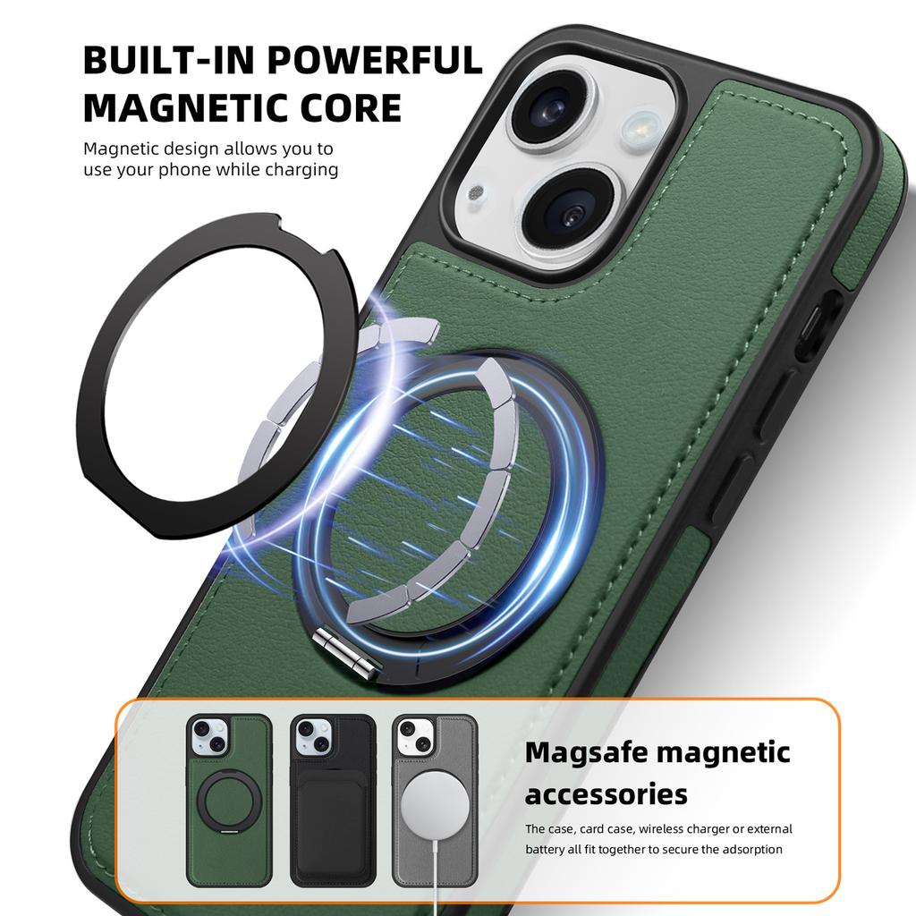 For iPhone 14 Plus Case with Ring Kickstand Compatible with MagSafe PU Leather Back Cover