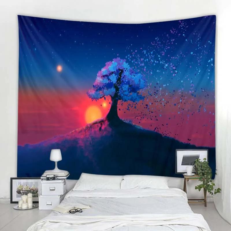 Printed Tapestry Fantasy Starry Sky Tree Landscape Wall Hanging Living Room Bedroom Background  Beautiful