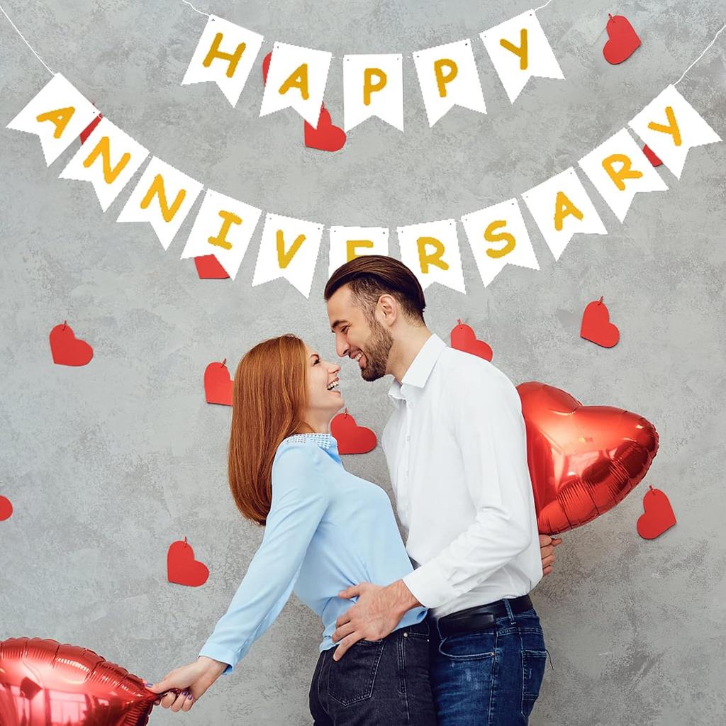 White Happy Anniversary Banner, Party Supplies for Wedding Birthday Party Ceremony Decoration