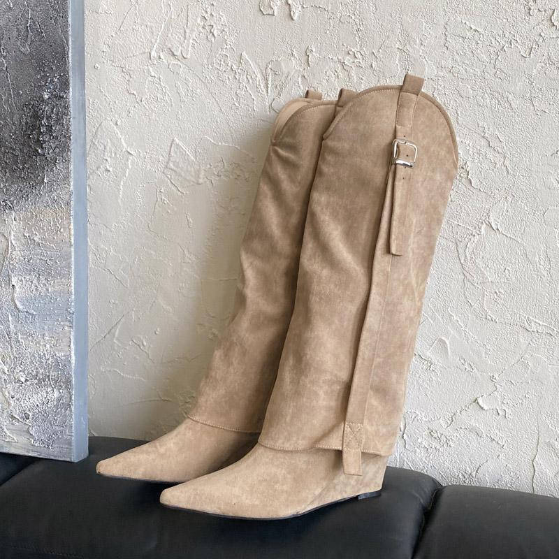 Fashion Strap Buckle Wedges High Heels Woman Knee-High Boots Punk Style Pointed Toe Party Dress Female Shoes