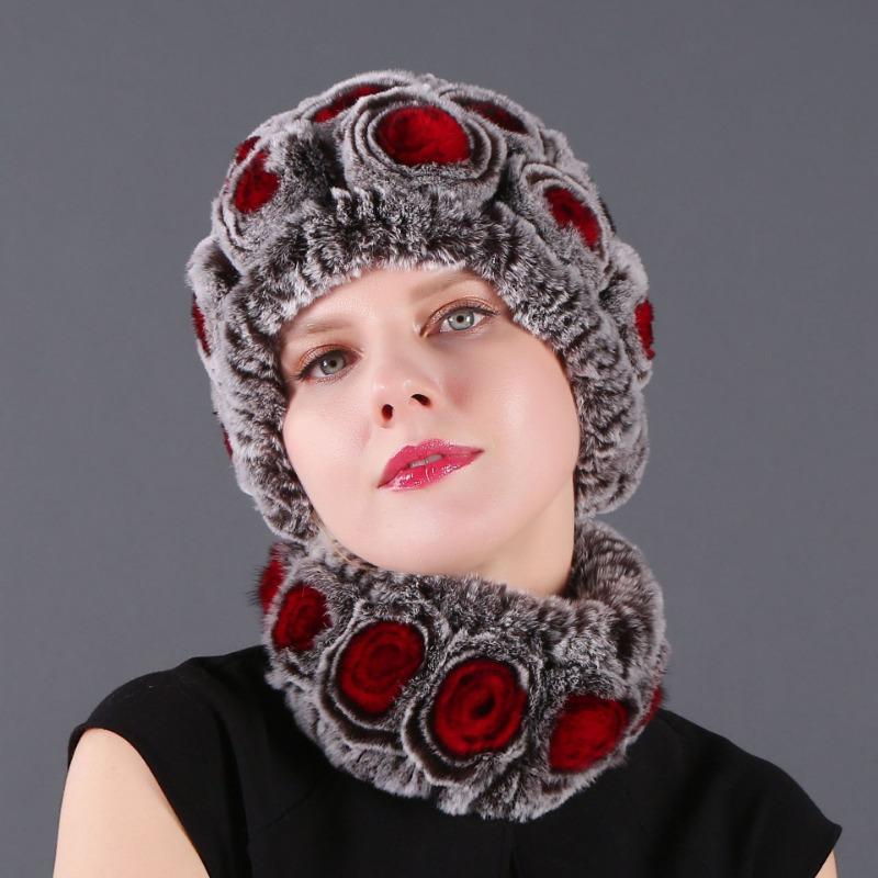 Rex Rabbit Rose Hat and Flower Scarf Set Specializing in the production of Rex Rabbit Scarf Hat Two-piece Adult Hat