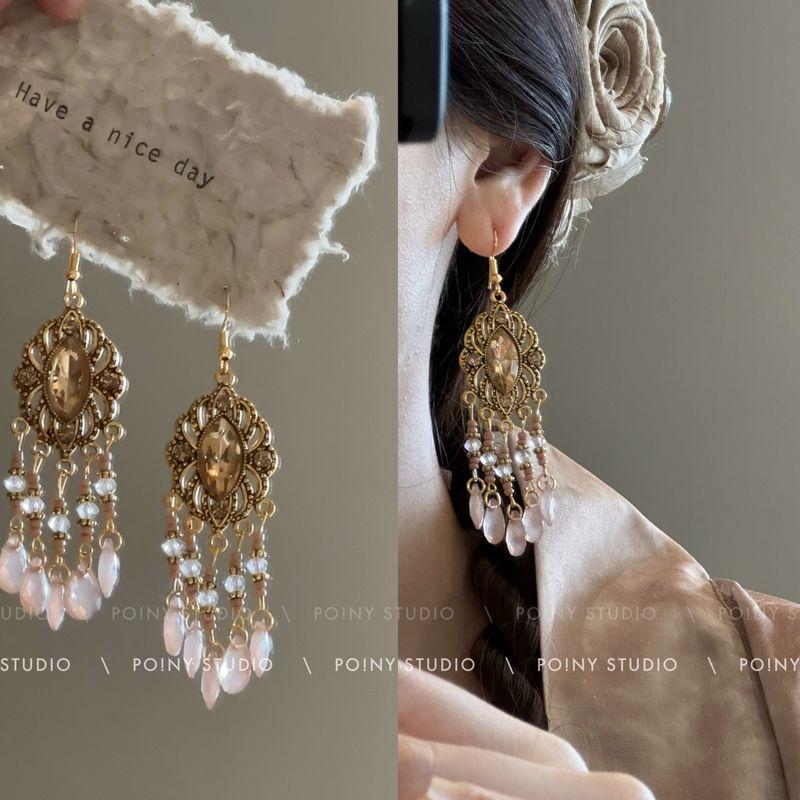 

Color Bead Long Women s Retro Yunnan Tassel Earrings 4363A Jinhua mirror Champagne crystal Su ear hook