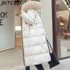 BITCED Winter Down-Filled Cotton Coat for Women - Long Style, Knee-Length, Oversized Fur Collar, Slim-Fit, Belted Design, Cotton