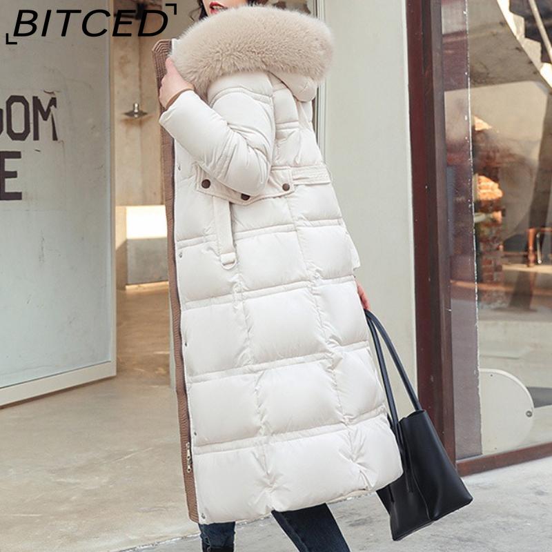 BITCED Winter Down-Filled Cotton Coat for Women - Long Style, Knee-Length, Oversized Fur Collar, Slim-Fit, Belted Design, Cotton