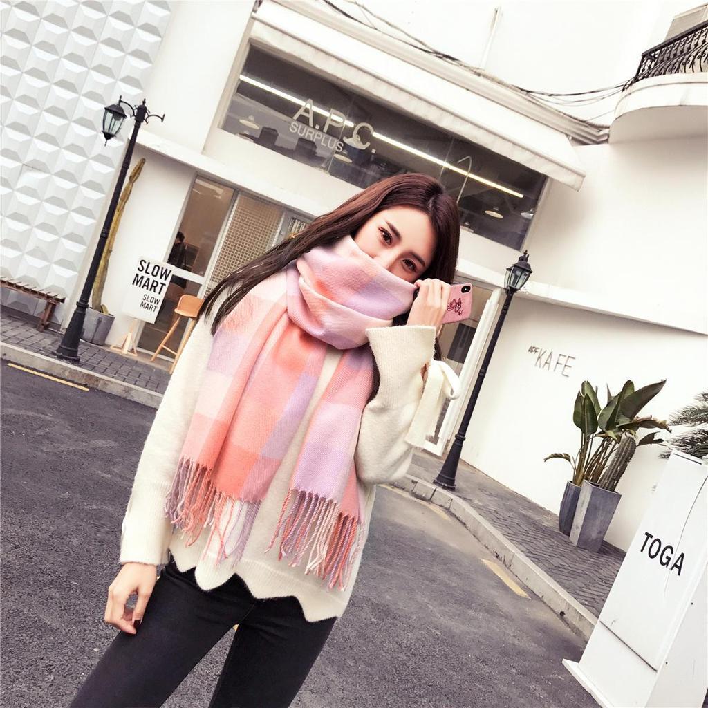 Kockovaný zimný šál pre ženy – strapcový šál v kórejskom štýle z imitácie kašmíru
