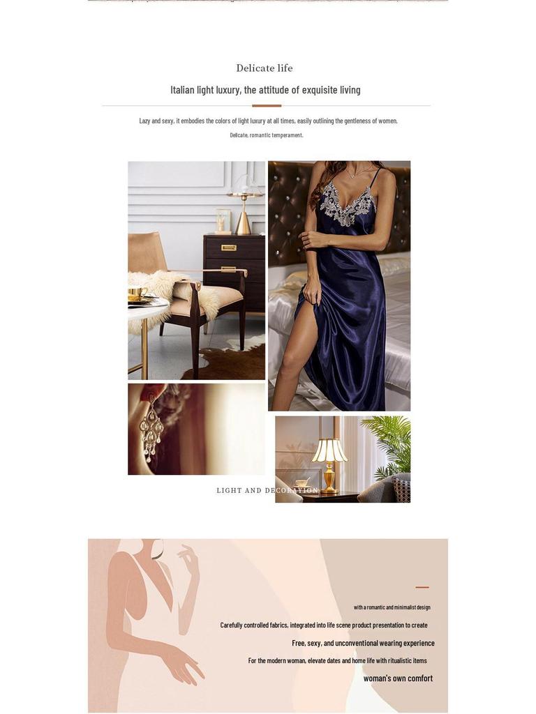 Noční košilka s krajkou a výstřihem do V, se vzhledem hedvábí - Jarní/letní móda pro ženy