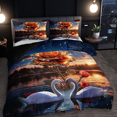 Swan & Rose Couple 3Pcs Bedding Set - Includes Soft Duvet Cover And 2 Pillowcases, Breathable Polyester, Machine Washable