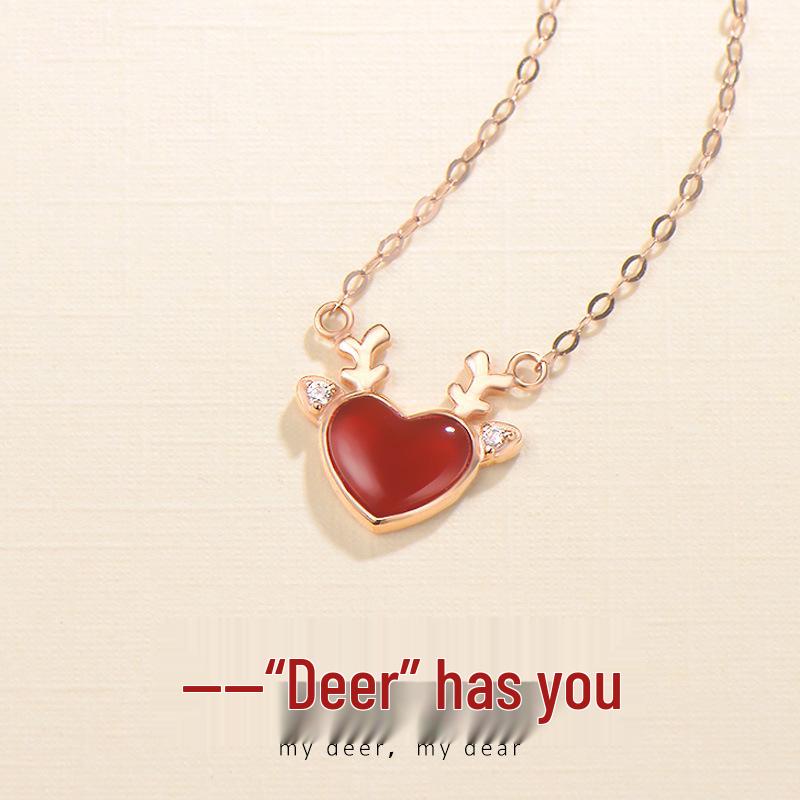 

Red Agate Deer Necklace, 925 Silver Rose Gold Plated Clavicle Chain – Christmas Gift for Girlfriend 925 Silver