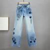 European Station Denim Straight Pants Women's Spring New Elastic High Waist Skinny European Hot Diamond Printing Plus Trousers