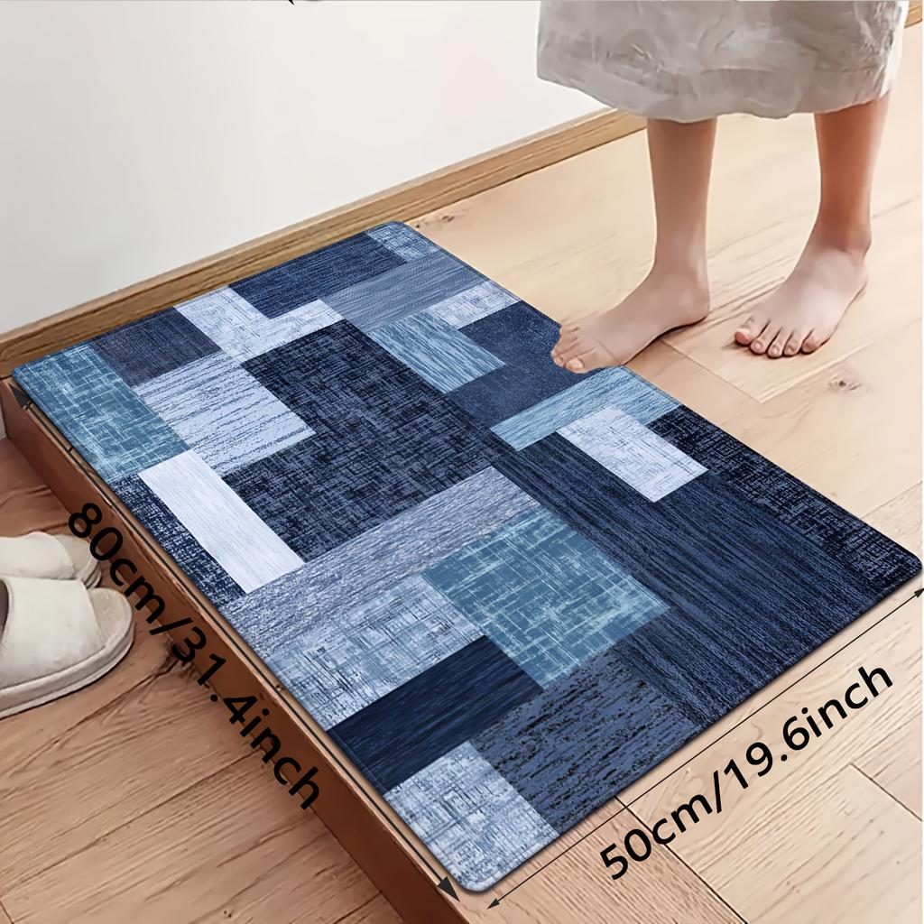 Modern Geometric Blue Grey Wood Grain Rug, Abstract Linear Pattern Non-Slip Floor Mat, Washable Decor Carpet for Living Room