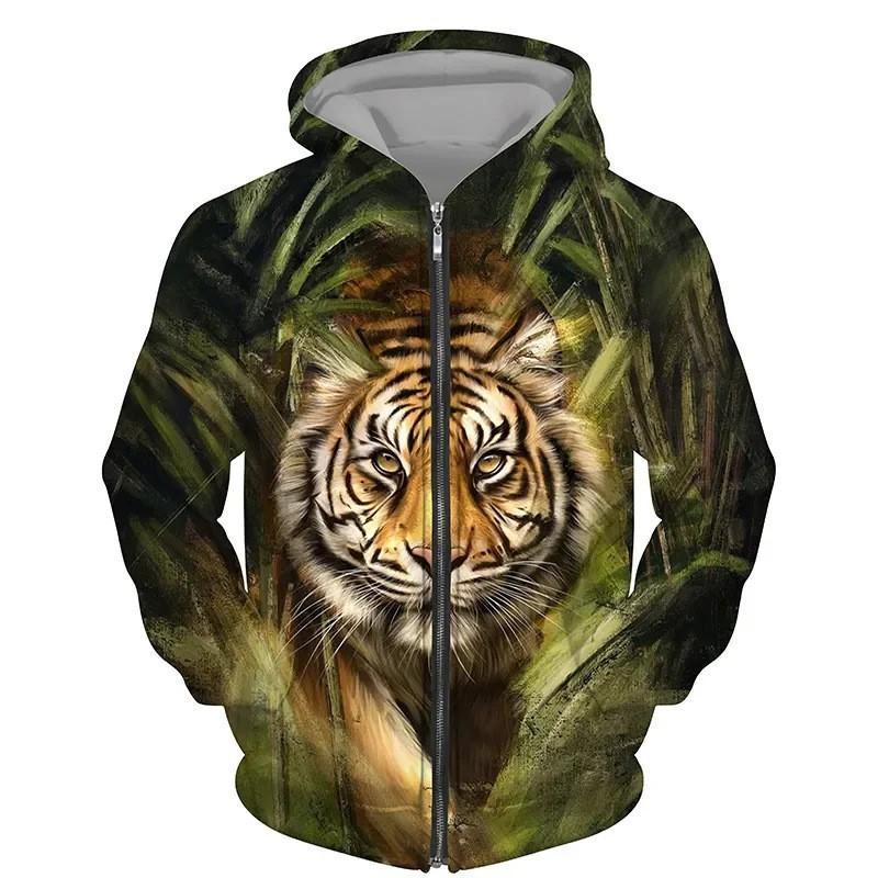 Tiger 3D Print Zip-Up Hoodie Youth Casual Loose Fit Winter Sweatshirt