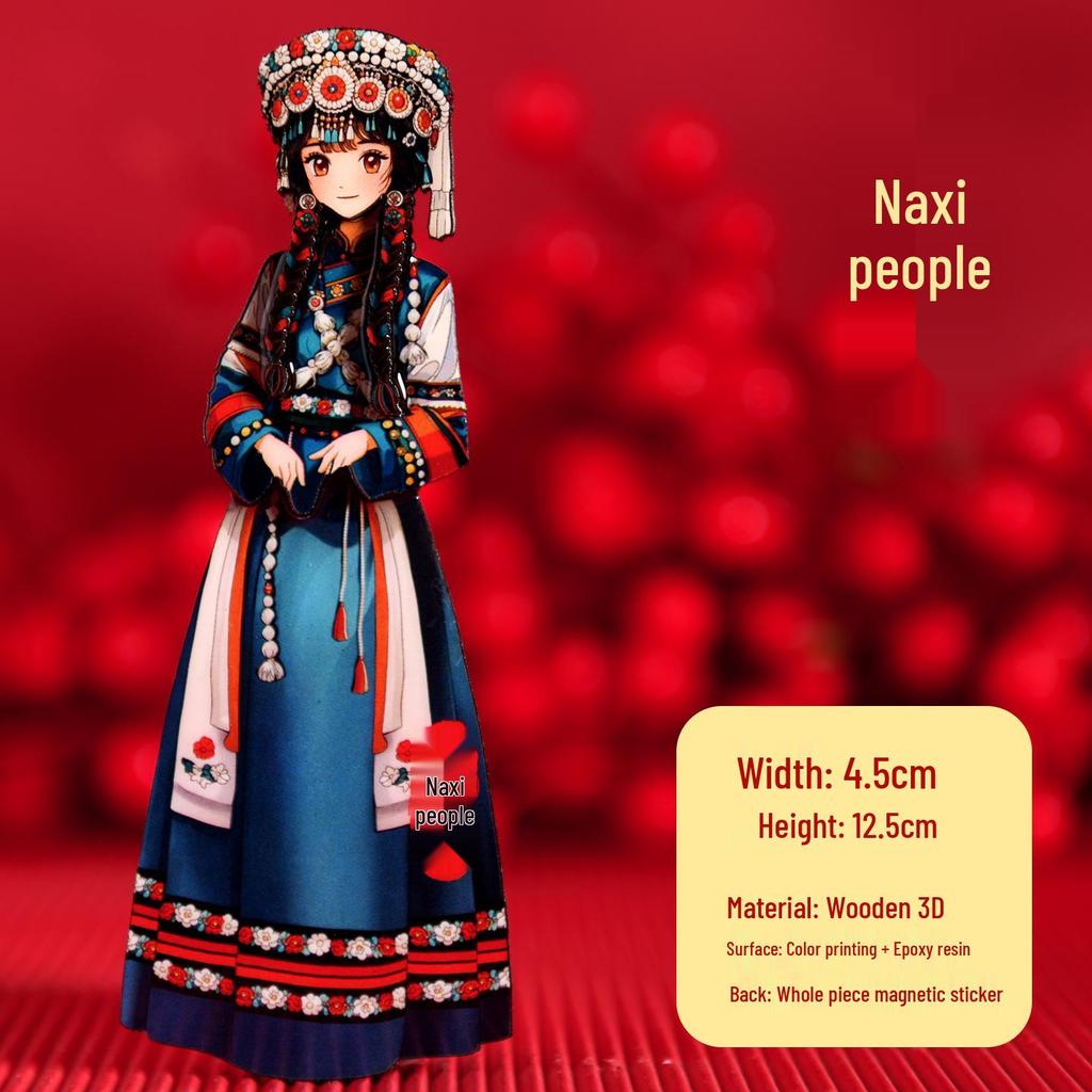 Chinese Ethnic Figures Wooden Magnets - Cultural Souvenir Stickers