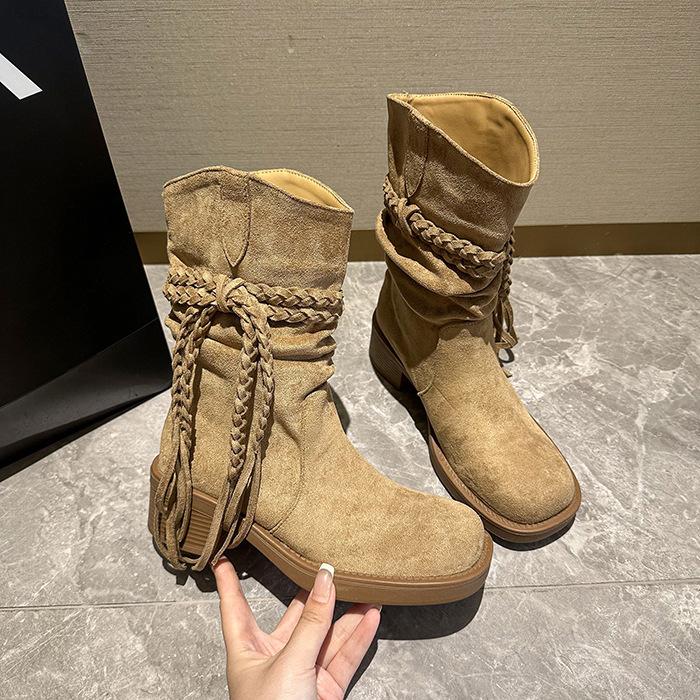 

Zhike~ thick-soled brown Martin boots 2025 new western cowboy medium boots women s skirt boots 35 хаки