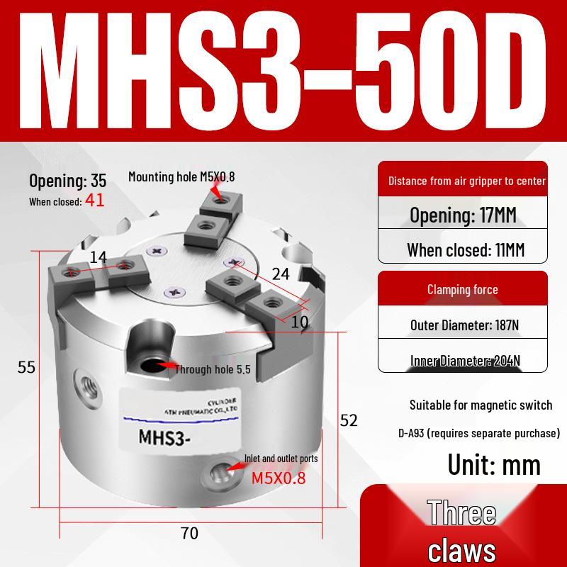 Pneumatic Gripper with Dual, Triple, and Quad Jaw Options: MHS2/3/4-16D/25D/40D/50/63D Clamping Cylinder