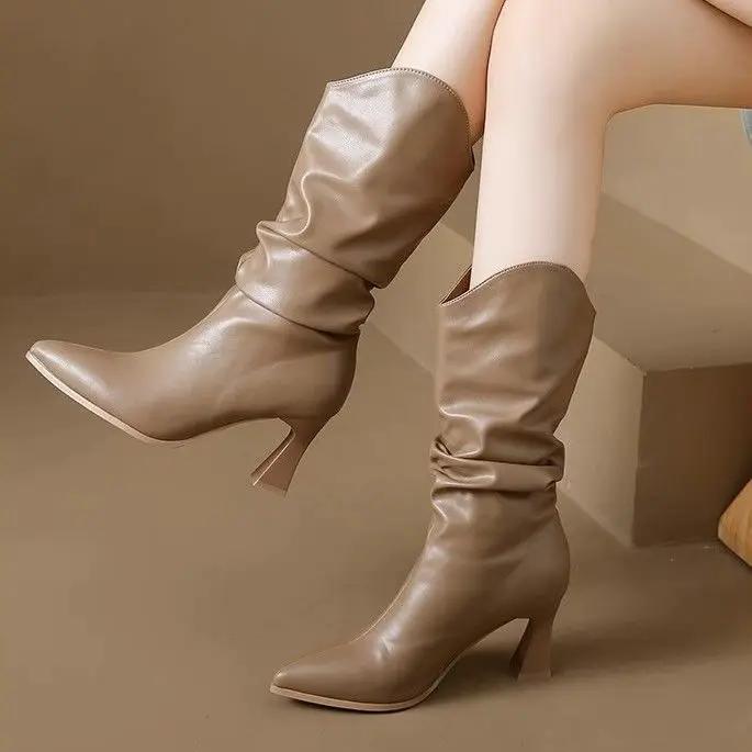 

Тренд 2024 Женские полусапоги Ретро Средний каблук Дизайнерские Роскошные Зимние Женские Ботинки до середины икры Новинка Качество Водонепроницаемые Новые 40