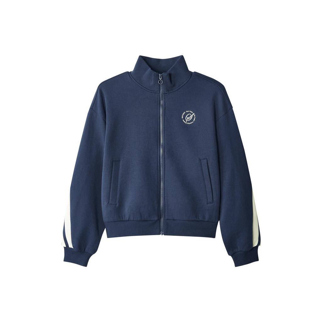 Skechers Retro Color Block Striped Warm Fashion Comfortable Stand Collar Zip Jacket Women Jackets Navy-Blue L324W021-002Z