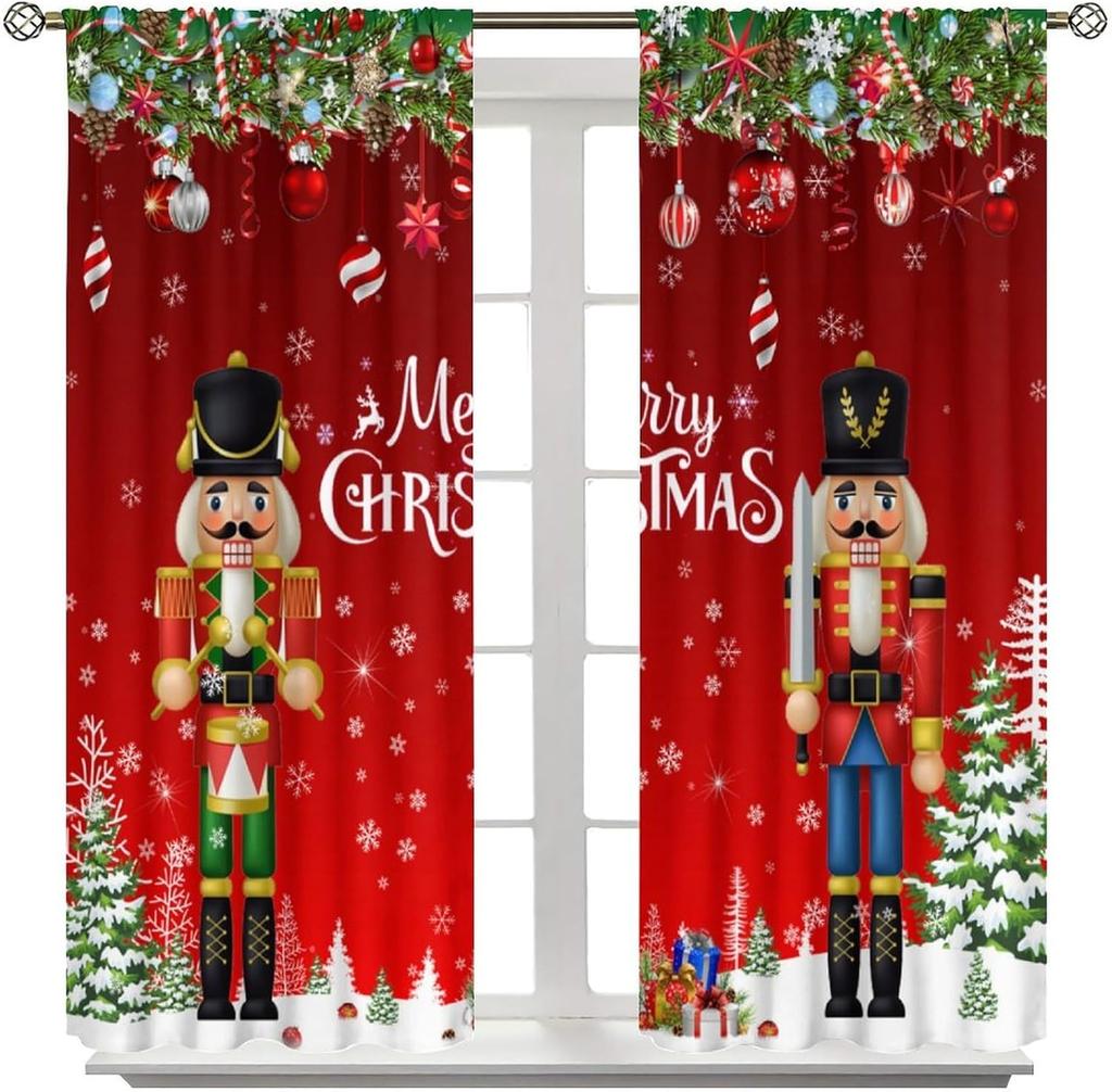 Kids Christmas Nutcracker Curtain Soldier Model Merry Xmas Window Treatments For Bedroom Living Room Snowflakes Winter Reddrapes