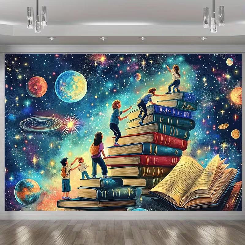 

2D Galaxy Planets & Giant Books Backdrop, Reading Room Photography Prop 47.2x31.5inch/120*80cm