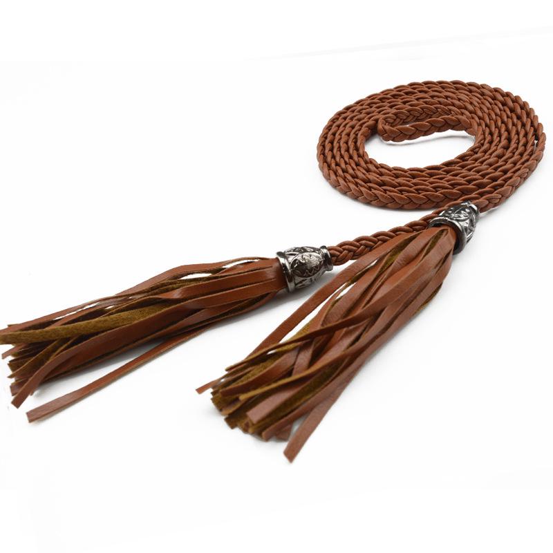 1 cinturón de cuero tejido con borlas para mujer y niña, cinturón de cintura combinable para vestido
