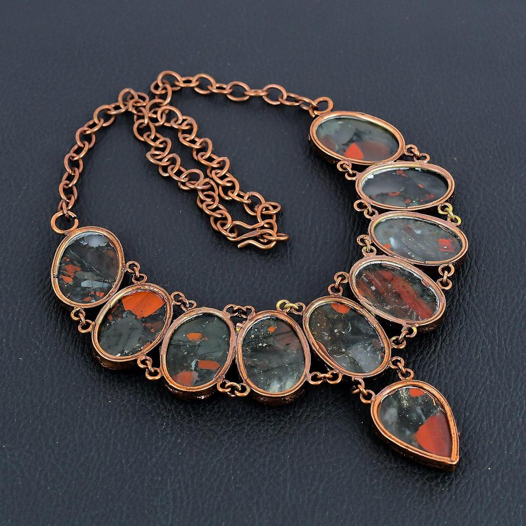 Bloodstone Necklace, Copper Electroformed Jewelry, Gemstone Jewelry Adjustable Chain Necklace, Handmade Wedding Gift Jewelry