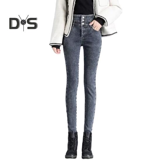 Women Winter Jeans High Waist Faux Fur Lining Slim Fit Button Closure Soft Warm Thick Solid Color Pockets Pencil Pants Lady Autumn Trousers