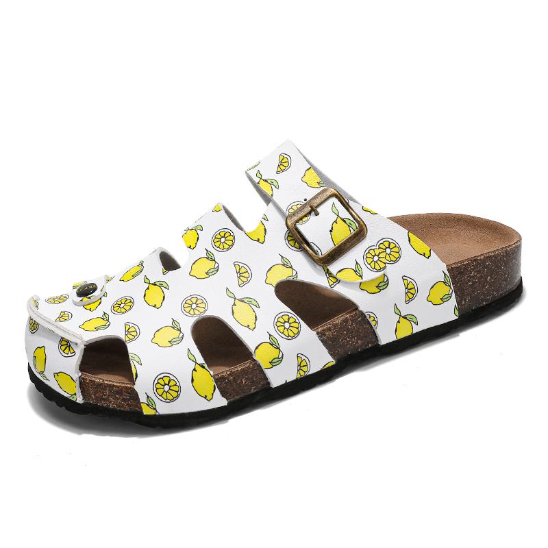 

Men Fashion Cork Slippers Print Slides Slip On Sandals Summer Casual Shoes Microfiber Leather 39