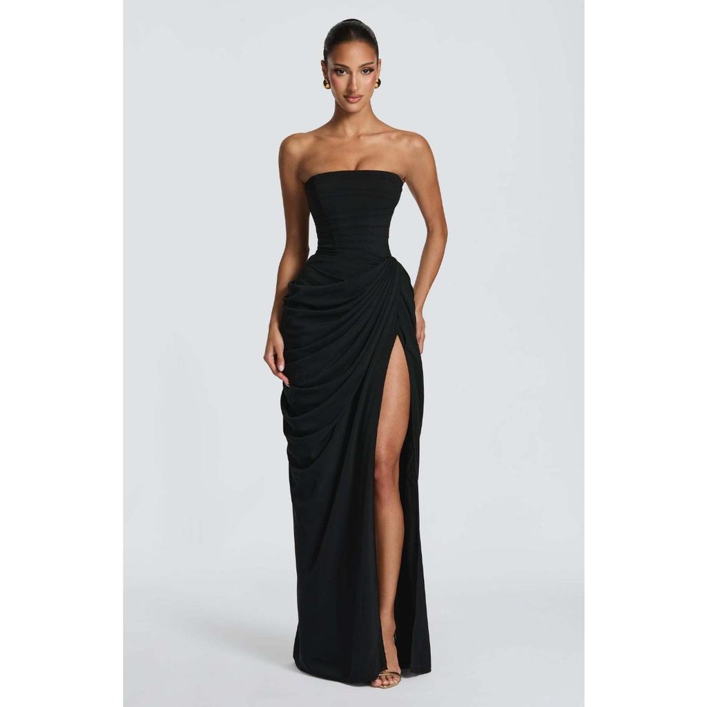 Damen Trägerloses Raffung Schlitz Maxikleid, Sexy Figurbetontes Abendparty Langes Kleid, Europäischer Amerikanischer Stil Formelles Cocktailkleid