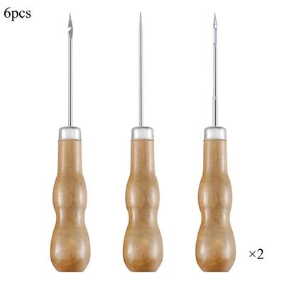 6pcs/2Sets Wooden Handle Sewing Awl Hand Stitcher Leathe Punch Tool DIY Shoe Repair Hook Tool Leather Accessories