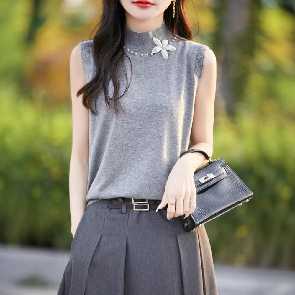 Damen Frühling Perlenbesetztes Blütenblatt Halber Stehkragen Strickweste Ärmellos Innen Außen Wolle T-Shirt Top