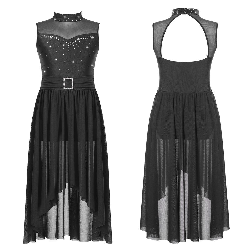 Girls Rhinestone Lyrical Modern Dance Dress Sleeveless Back Hollow High Low Hem Built In Briefs Dance Leotard Dress for Kids