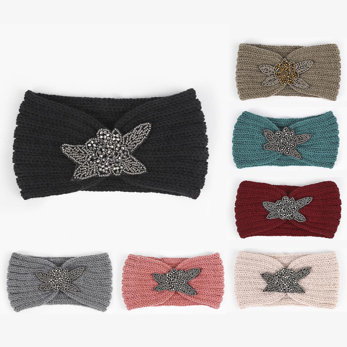 

European and American Six-Leaf Diamond Gem Knitted Wool Sports Headband