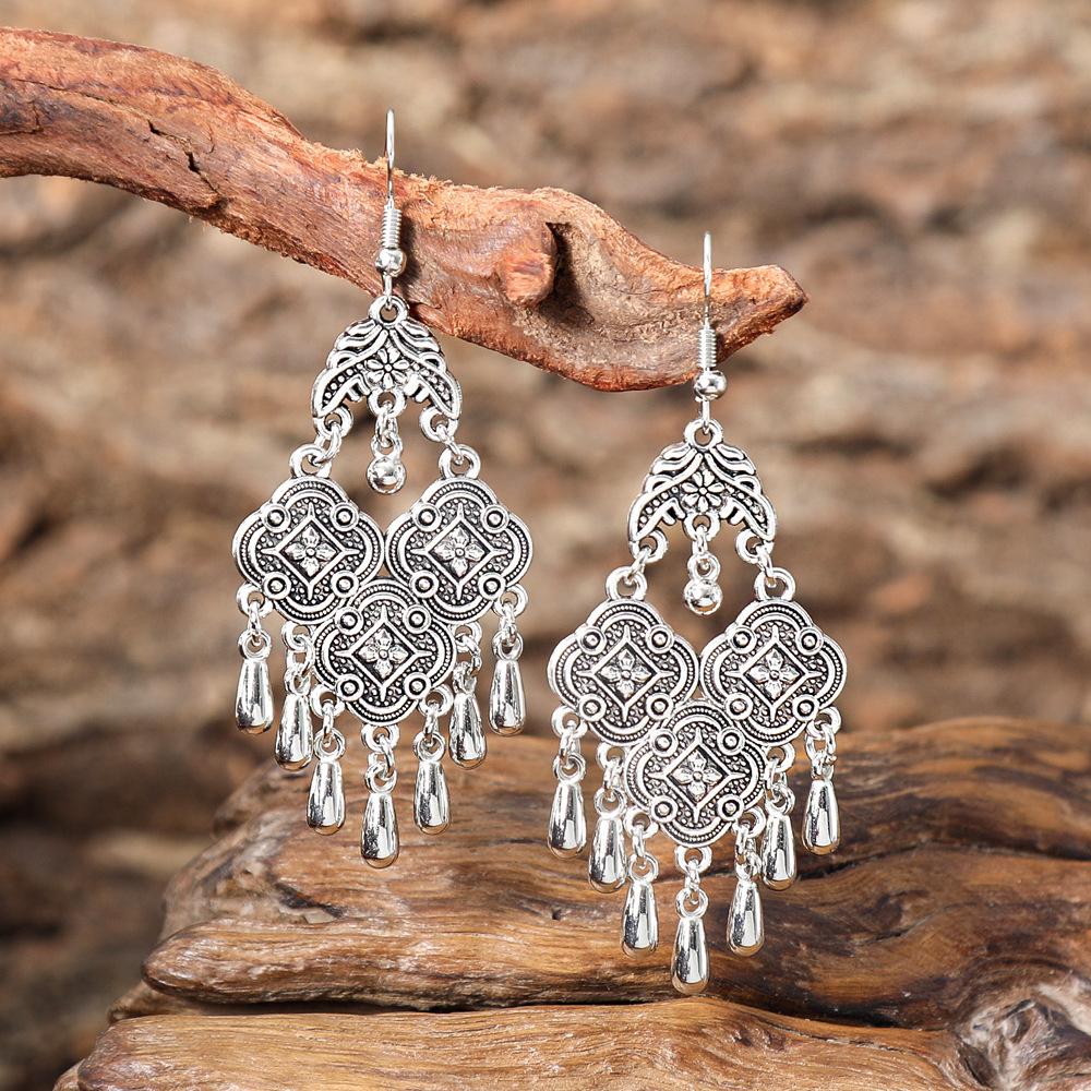 Ethnic Vintage Silver Color Temperament Drop Earrings for Women Creative Geometric Tassel Earrings Female Vacation Jewelry
